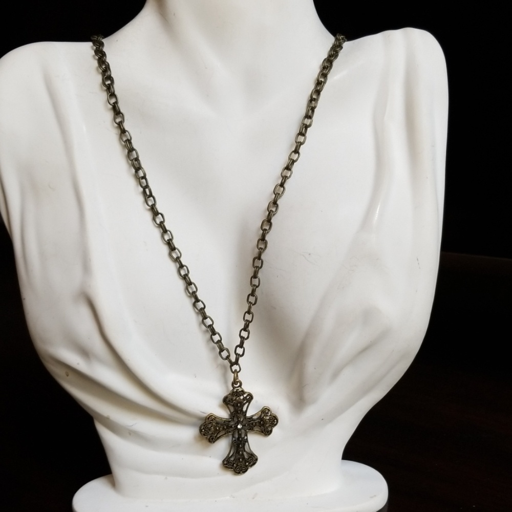 Rustic Cross Pendant Necklace Antique Goldtone Hand Crafted - Picture 10 of 10